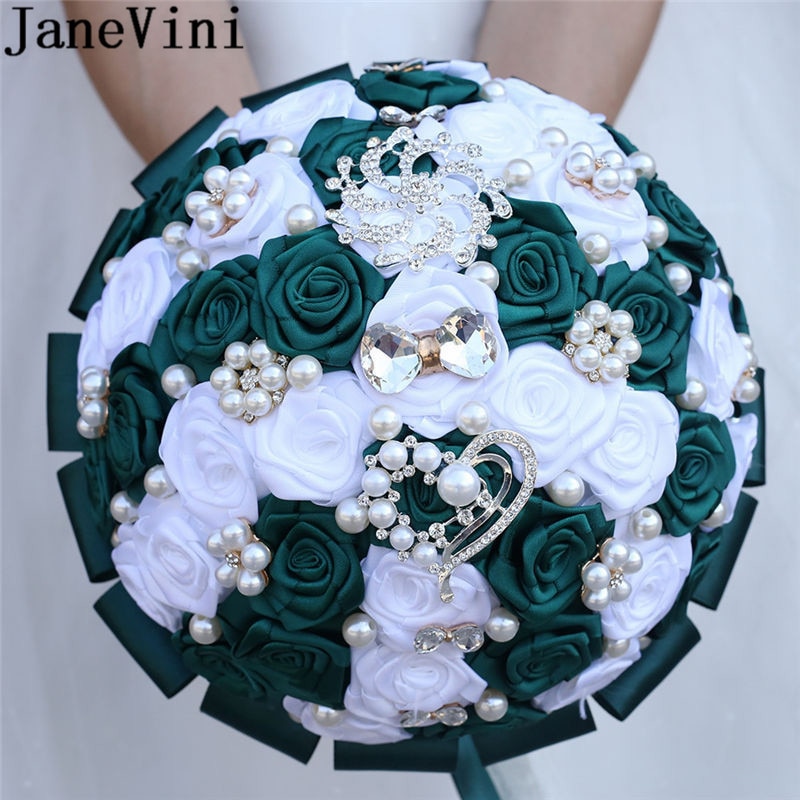 JaneVini – Bouquet de fleurs de mariage, Vintage, vert foncé, perle, ruban de Rose en Satin blanc, cristal, pour les mariées,