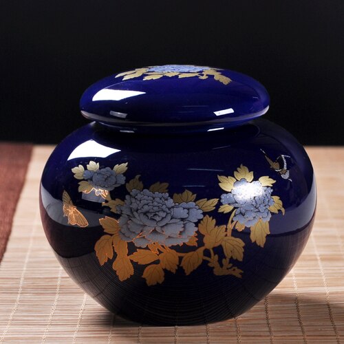 Chinese style tea caddy ceramic sealed pot household small storage tank empty box exquisite ceramic moisture-proof tea set box: Gem Orchid Peony