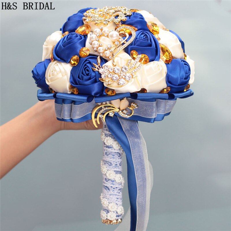 Fleur de mariage bleu Royal luxe or strass mariée fleurs pour mariage Photo réelle mariage Bouquet mariée demoiselle d'honneur