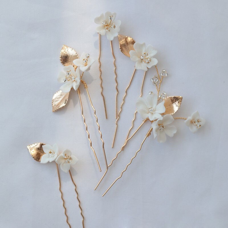 SLBRIDAL fatto a mano Ceram Fiore del Foglio Della Lega di Perle Da Sposa Capelli Spille Capelli etichetta Accessori per Capelli Da Sposa Damigelle D'onore Dei Monili Delle Donne: oro