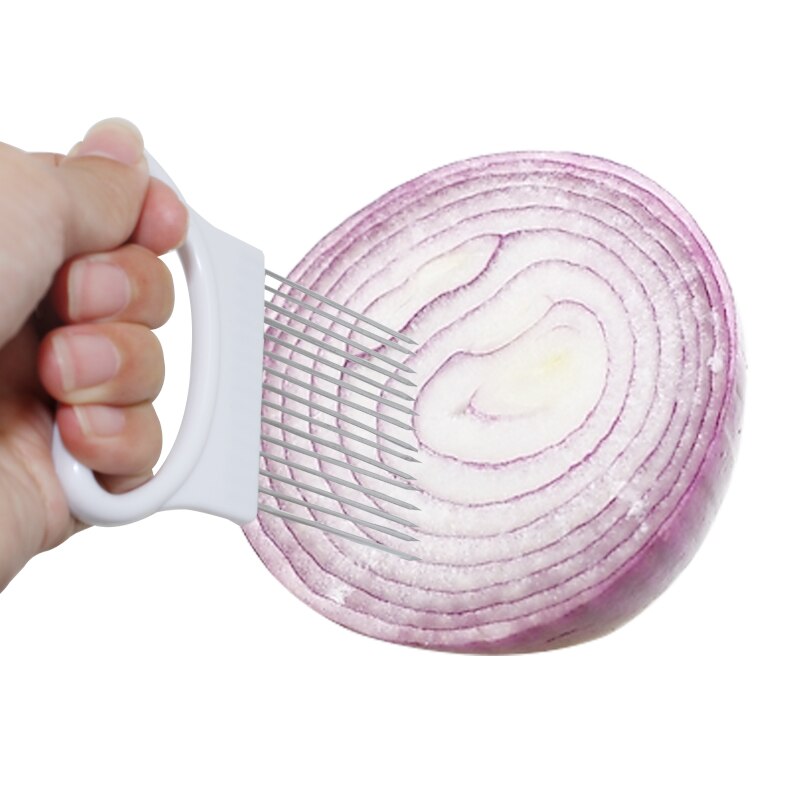 Tenedor de cocina de soporte para corte fácil de cebolla, rebanador de verduras de plástico de acero inoxidable, cortador de tomate, dispositivos con agujas para carne, herramientas de carne 10