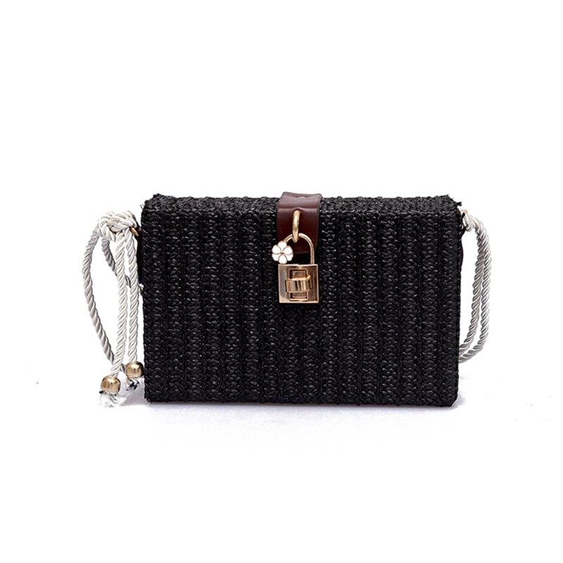 Strand rektangel boks bag rotting strå crossbody vesker bohemia veske shouldbag oss: Svart