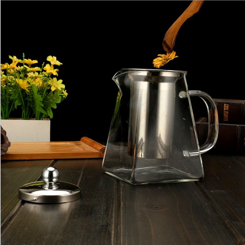 Square Heat Resistant Glass Teapot With Stainless Steel Infuser Filter Puer Tea Kettle Clear Glass Tea Pot Cup Tea Sets