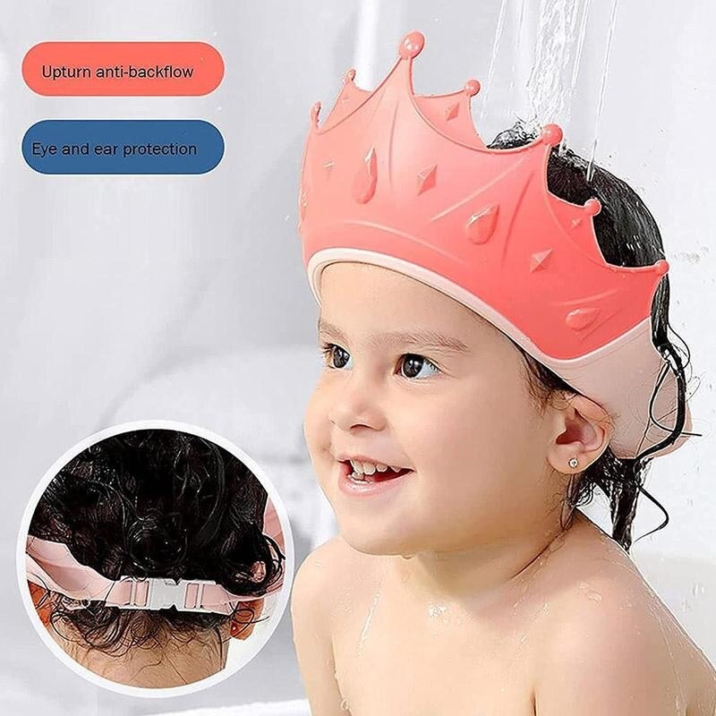 Gorro de ducha para bebé con corona ajustable, gorro de baño para lavar el pelo, protege a los niños, impermeable, evita que el agua entre en las orejas