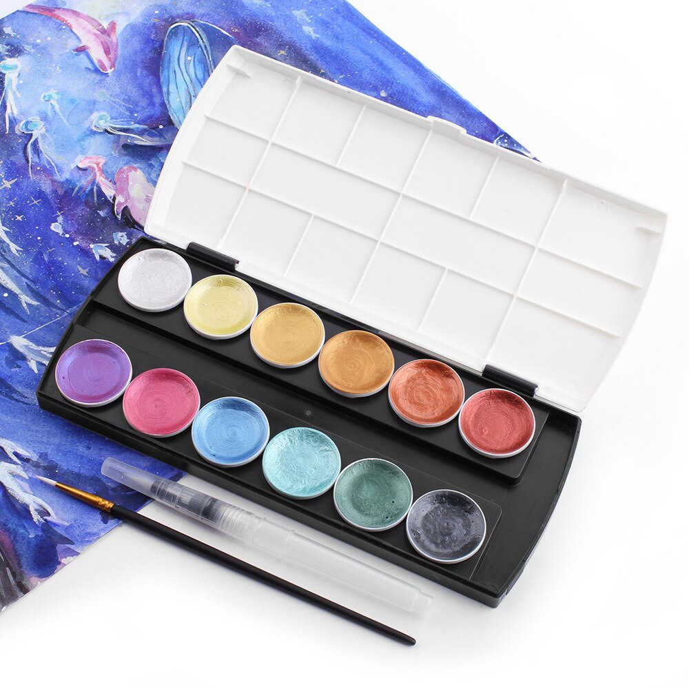 Juego de acuarelas metálicas, 12 colores, pintura dorada, acuarela con pincel de agua para pintar, suministros de arte del pigmento