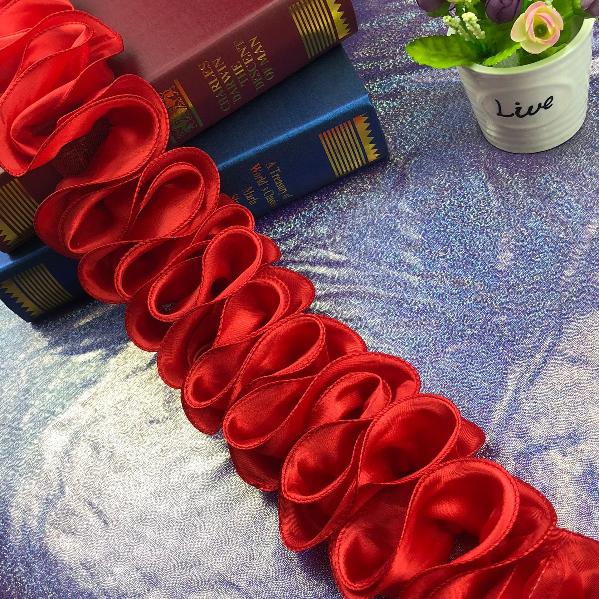 2 yards rød hvid kongeblå chiffon plisseret blondekant flæsede stof dansekjole nederdel tilbehør hovedbeklædning dekorationsmaterialer: Rød
