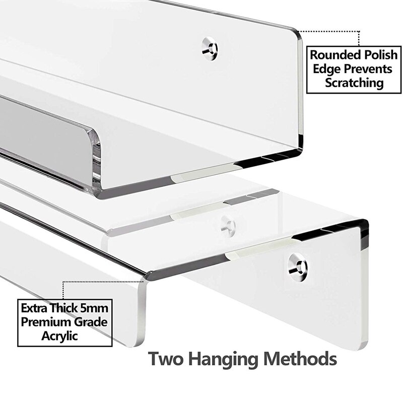 2 x 15 inch Clear Acrylic Floating Wall Ledge Shelf, Wall Mounted Nursery Kids Bookshelf, Thick Bathroom Storage Shelves