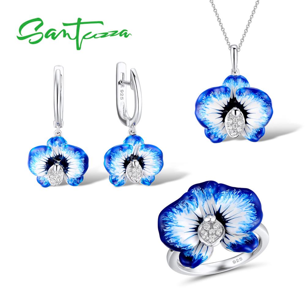 SANTUZZA flor azul anillo de plata de la joyería pendientes colgante conjunto para mujer Plata de Ley 925 de Chic, joyería hecha a mano, esmalte