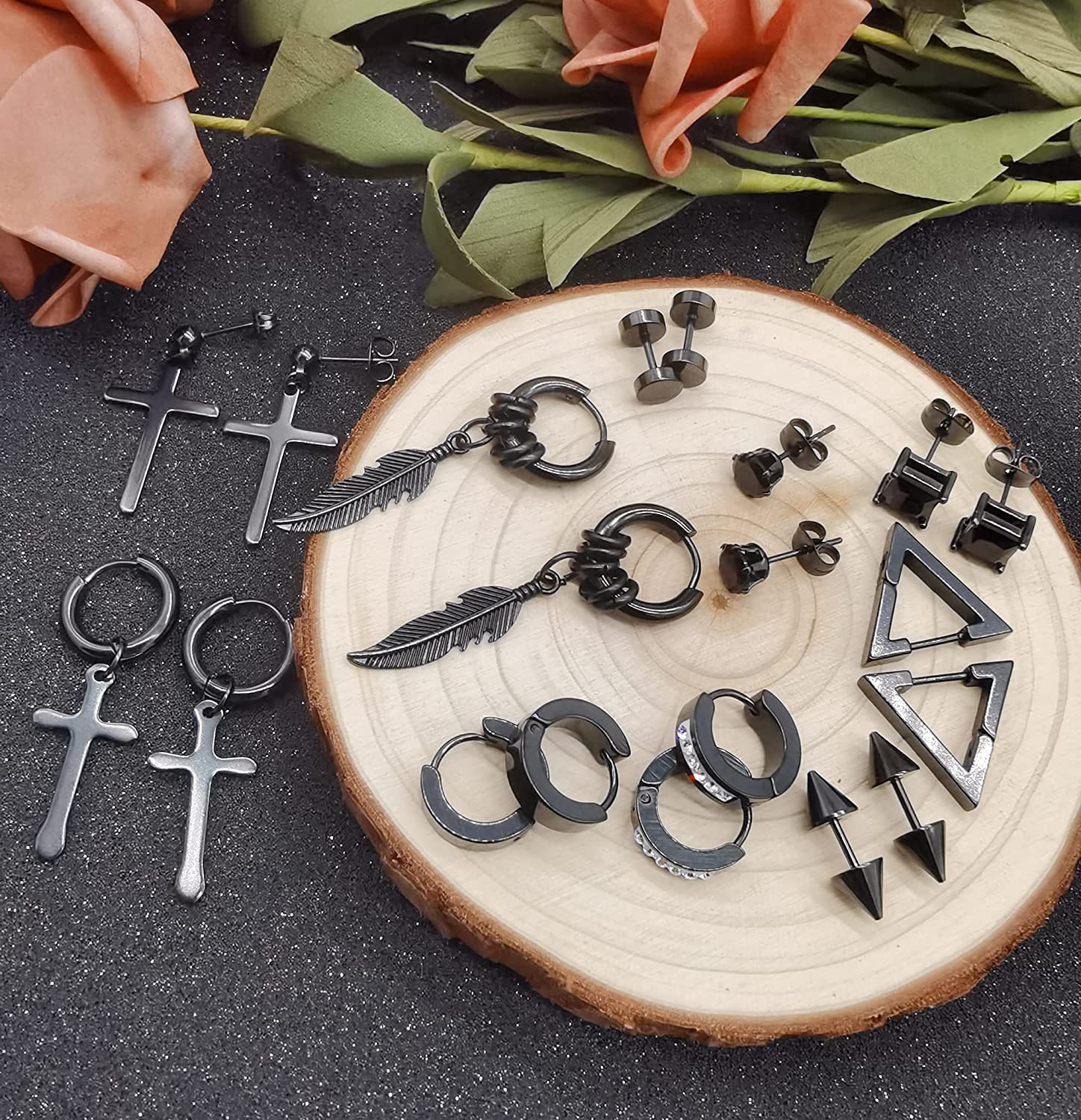 1 Pair Black Stud Earrings Mens Earrings Stainless Steel Black Earrings for Men Women Jewelry Piercing Hoop Earrings Set