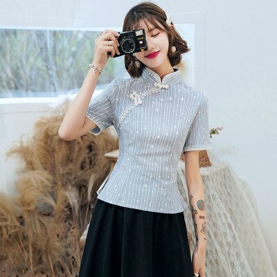 Sheng Coco Vrouwen Qipao Blouses Katoen Linnen Hanfu Overhemd Tweedelige Set Cheongsam Tops Pak Vintage Chinese kleding: 407 Blue qipao top / S
