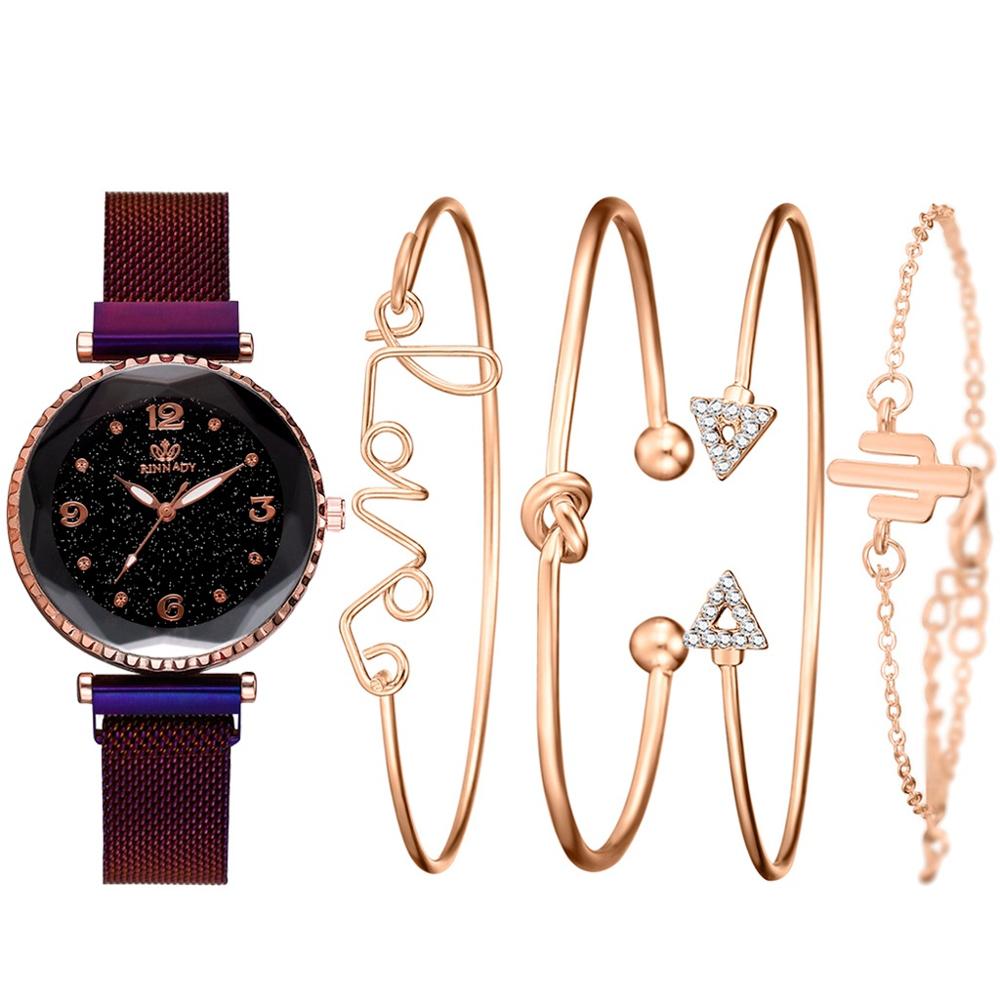 5 pièce/ensemble de luxe femmes montres ciel étoilé aimant boucle Bracelet montre-Bracelet chiffre romain Simple horloge: VIOLET