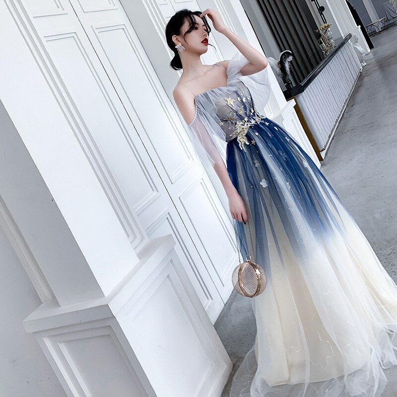 Sequins Evening Dresses Spaghetti Strap Boat Neck Robe De Soiree Gradient Blue A-line Long Shining Evening Dress qipao cheongsam