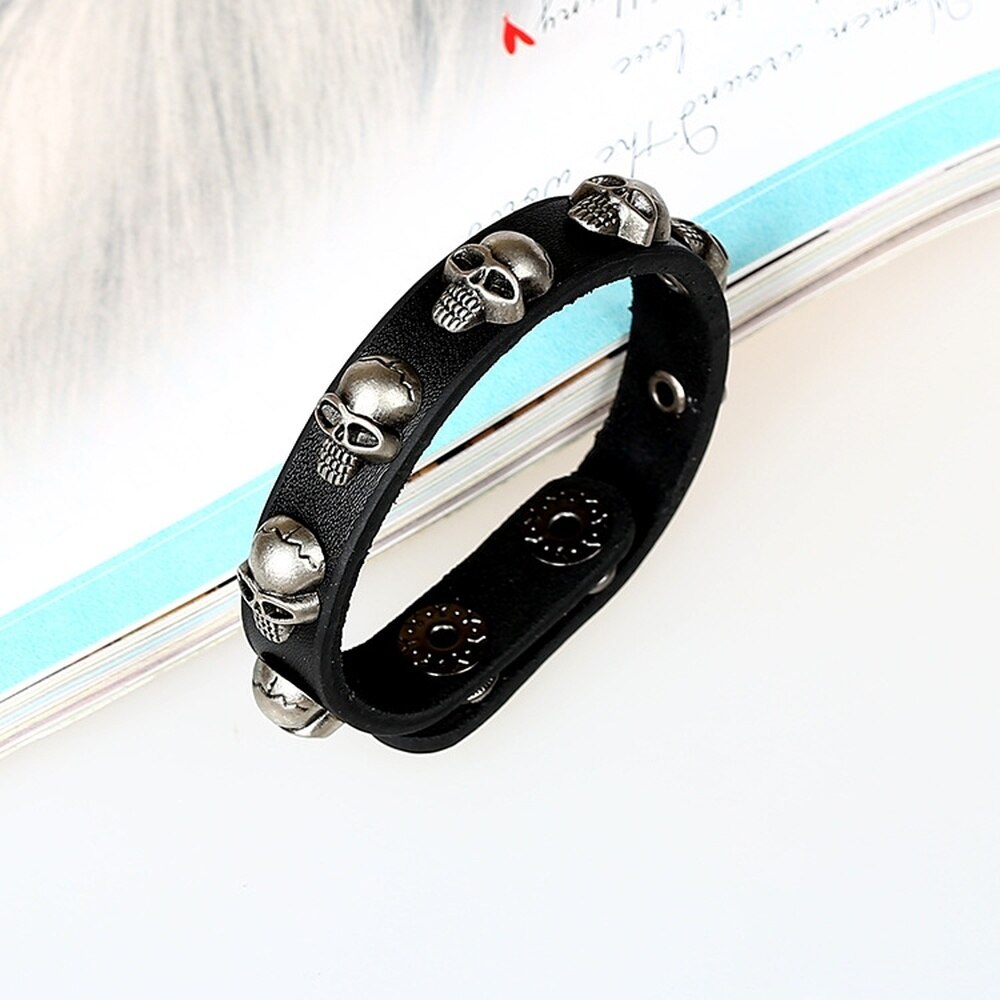 Vintage Legering Schedel Skelet Punk Zwart Lederen Armbanden Charm Armbanden Voor Mannen Mode-sieraden Accessoires