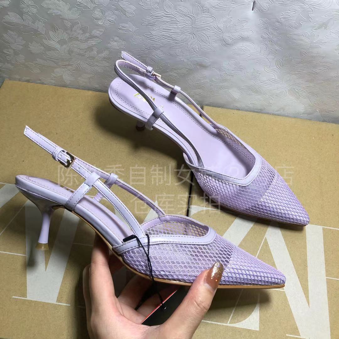 Sandalias de tacón alto de gato para mujer, zapatillas con puntera en la espalda y tacón fino con correa, color morado