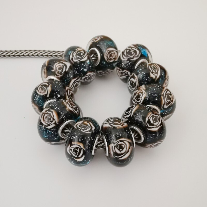 925 Sterling Zilver Groot Gat Kleurrijke 3D Black Rose Bloem Glas Charm Kralen Fit Europese Armband Sieraden