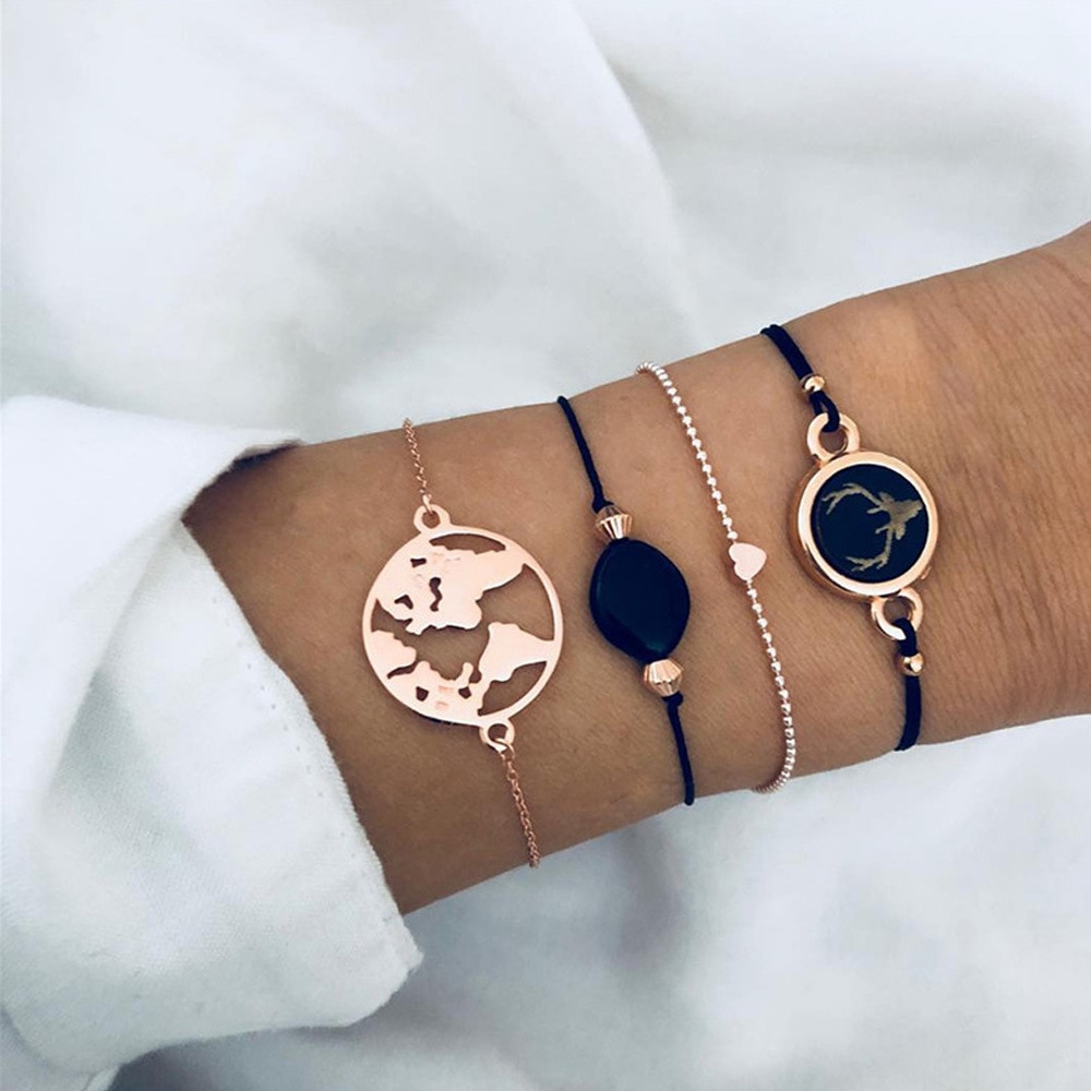 Conjunto de 4 pulseras esmaltadas con cabeza de ciervo para mujer, set de PULSERAS CON ABALORIOS de cabeza de ciervo, cadena de cadena con mapa de piedra negra, de joyería