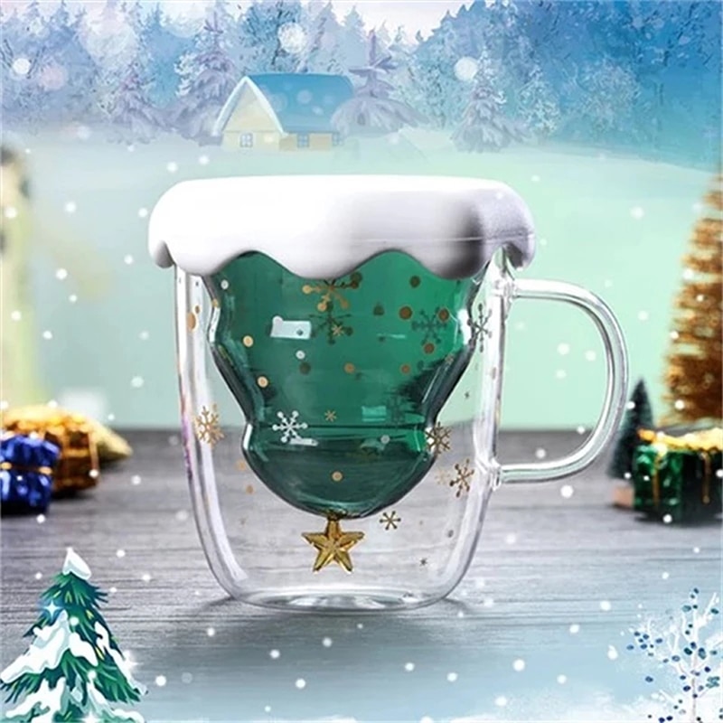 Creatieve Dubbele Laag Glas Kerstboom Ster Water Cup Hoge Temperatuur Mok Glas Kerstboom Ster Die Beker 300ml Ls * D