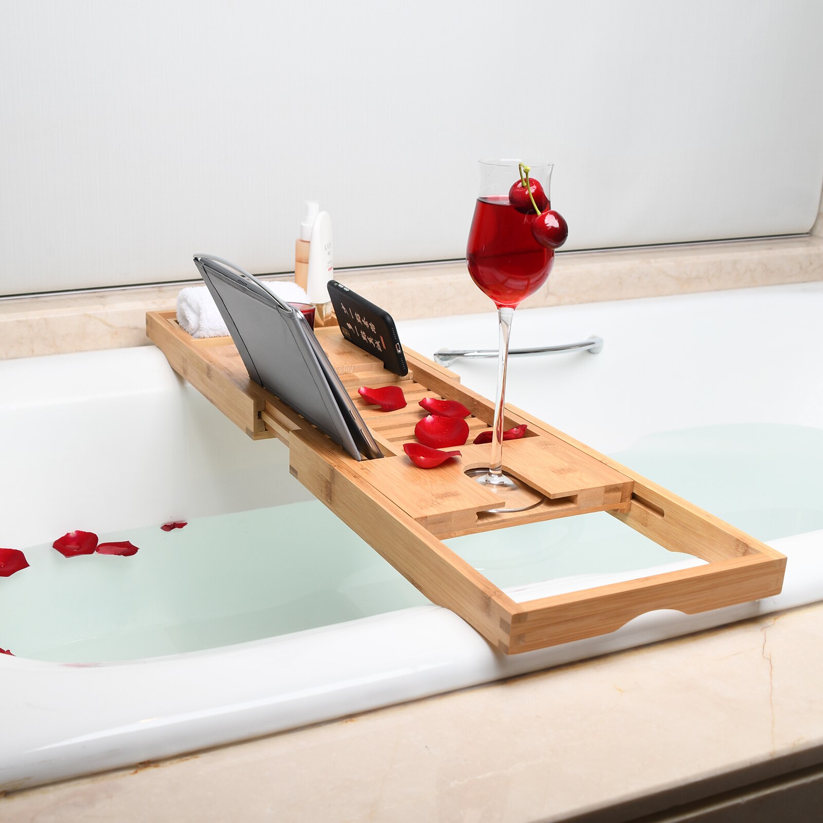 Bamboo Bathtub Tray Perfect Expandable Bathtub Caddy with Reading Rack or Tablet Holder, Bath Tray Includes a Wine Glass Holder