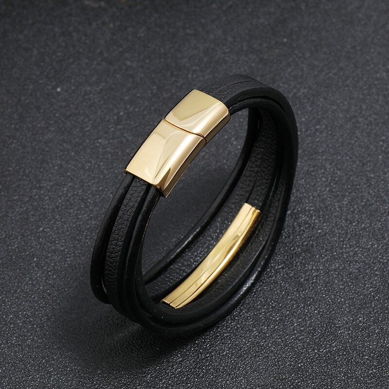 Stijl Multilayer Man Armband Leer Gevlochten Touw Rvs Magnetische Sluiting Hand Armbanden Mode Mannen Sieraden