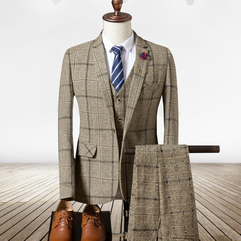 (Jacket + vest + pants) men's slim suit, high-end business plaid suit jacket, men's wedding banquet dress three-piece