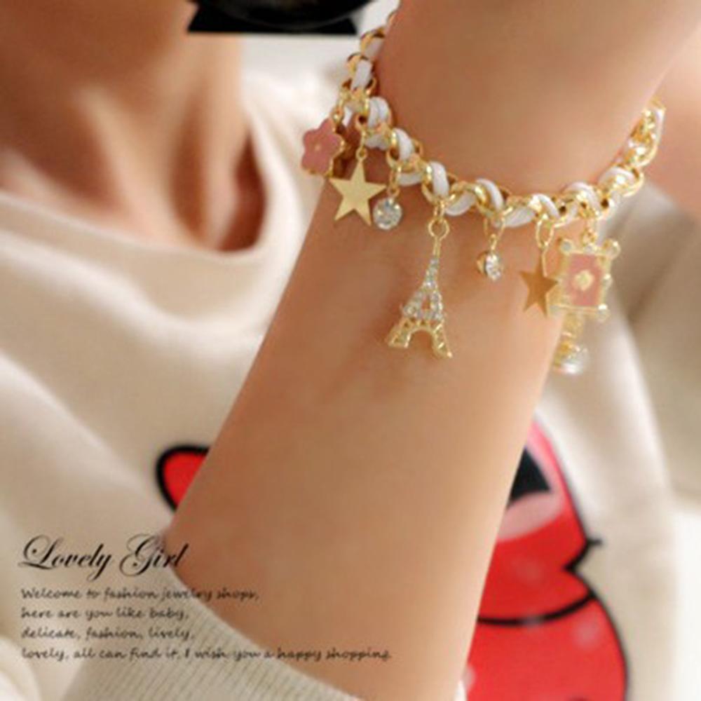Women Flowers Bracelet chain Star Heart Paris Eiffel Tower Crown Poker Cute Bangle Leather Rope Chain Jewelery