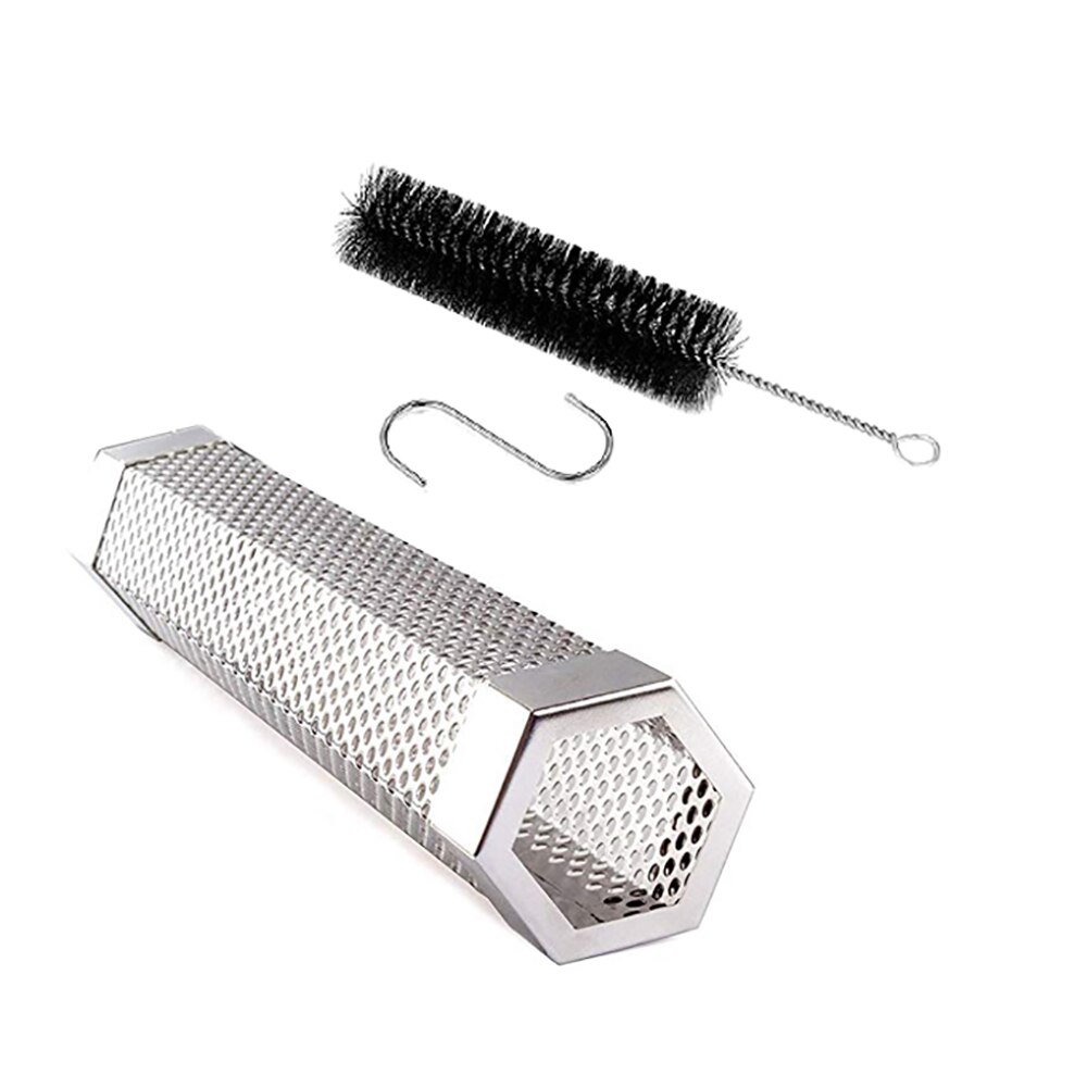 1x hexagon/firkantet bbq rustfrit stål perforeret mesh ryger pille rør rør udendørs madlavning grill grill røg filter: Grå