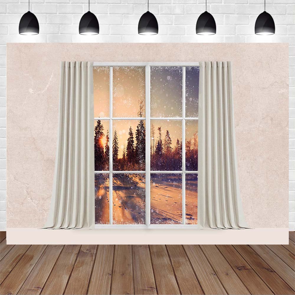 Mocsicka Christmas Curtain Window Photography Backdrop Winter Snow Scene Family Portrait Photo Background for Studio Photo Shoot