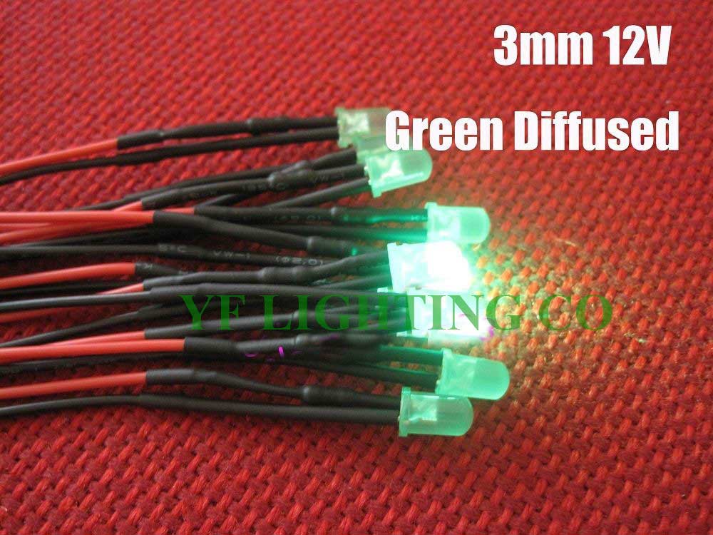 Hoge Heldere Groene Diffuus 3 Mm Groen Dip Led Pre Wired Led DC12V 20 Mm Kabel Led Voorbekabeld Leds