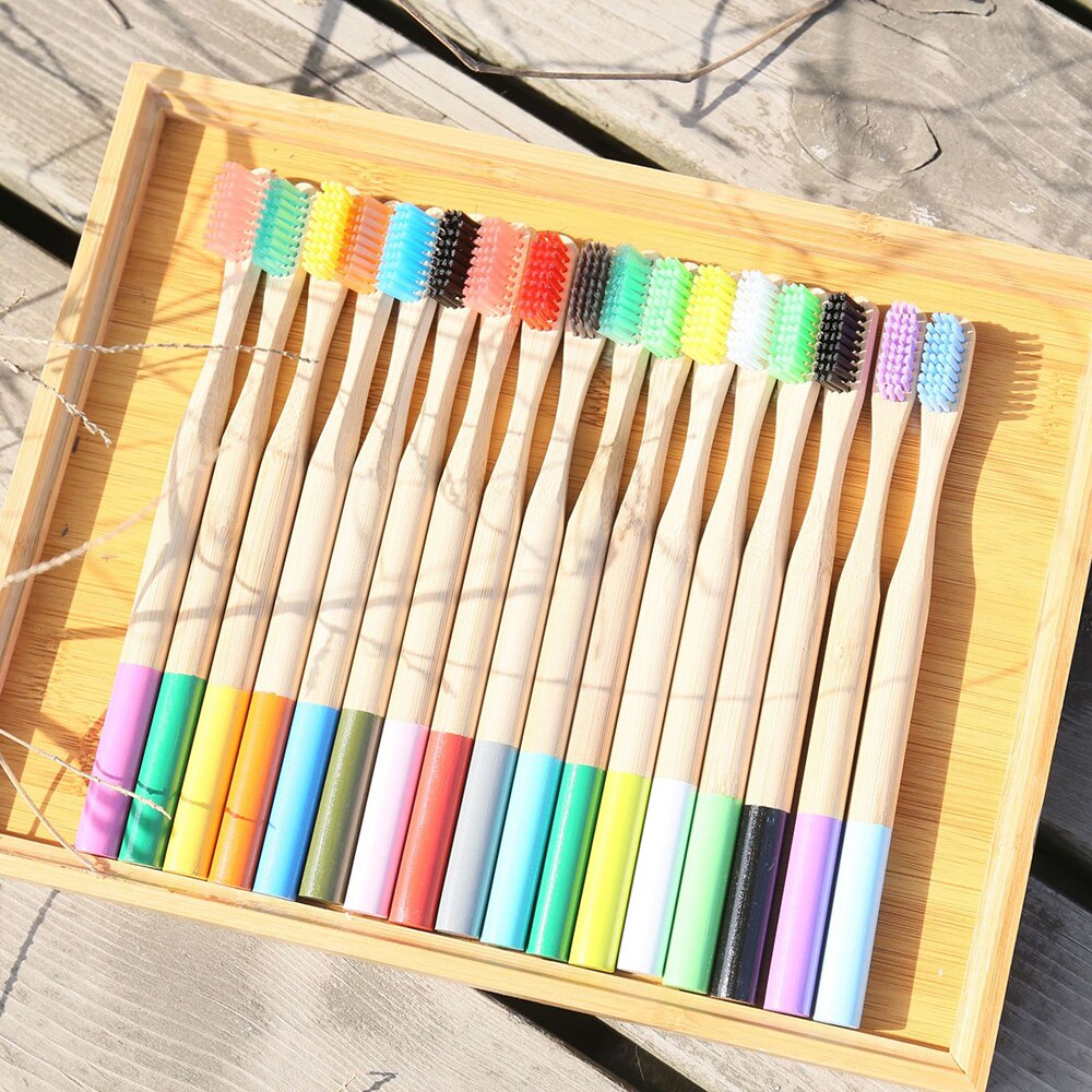 4pcs Rainbow Bamboo Toothbrush Round Bamboo Handle Black Bristle Adult Tandenborstel Wooden Handle Low carbon Toothbrush 8Colors