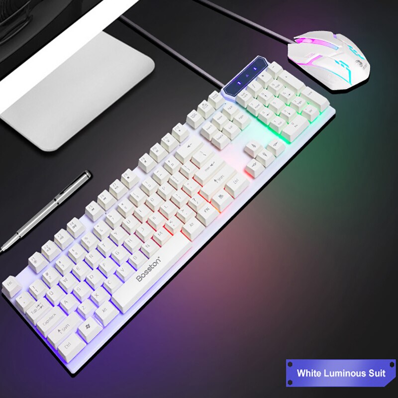 Luminous Keyboard and Mouse Set Gaming Mechanical Feel USB Wired LED Backlit Floating Keycap for Gamer Desktop Home Office: SMTBX68White