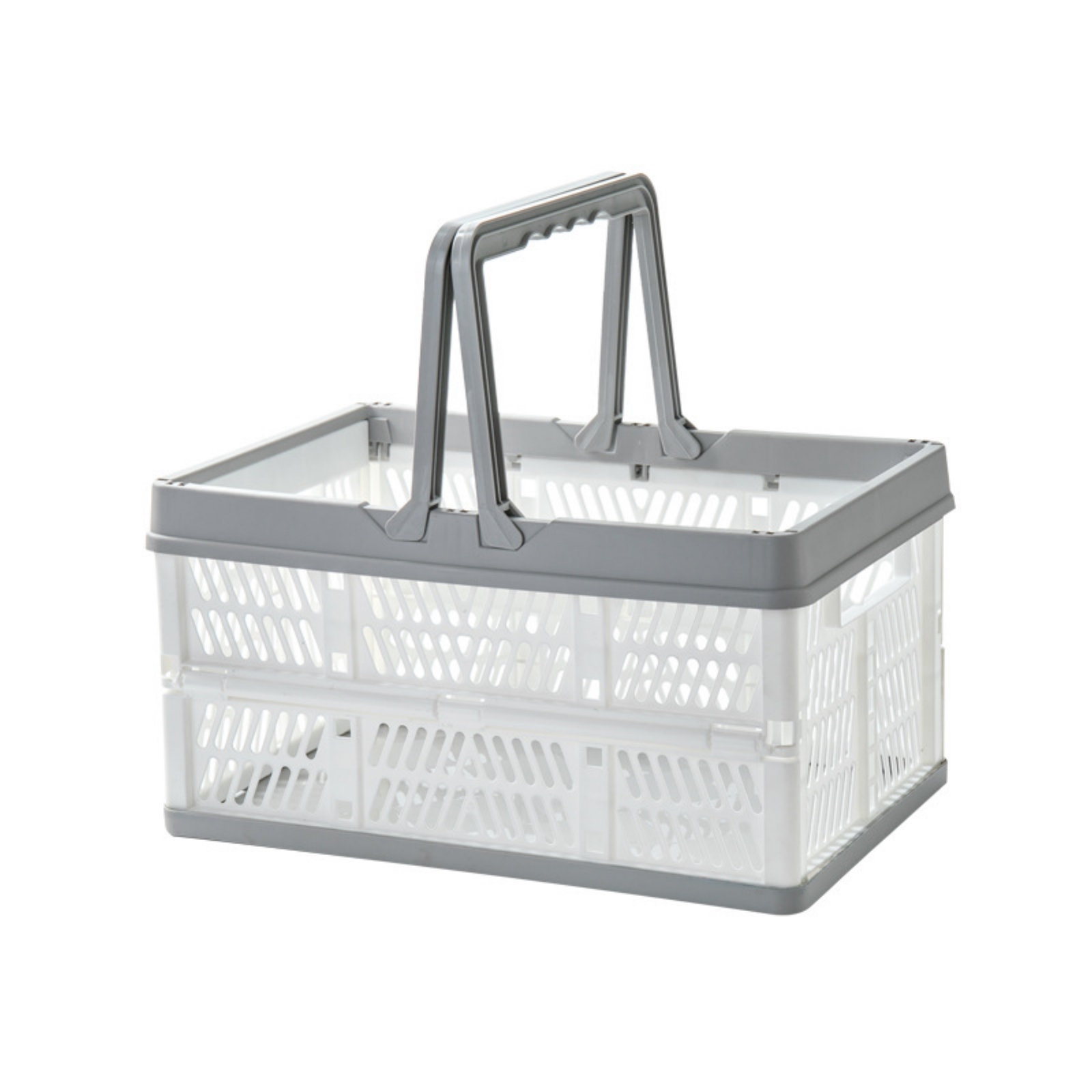 Portable Basket Folding Plastic Storage Crate Box Food Snacks Picnic Basket Home Office Desktop Organizer Container: white grey