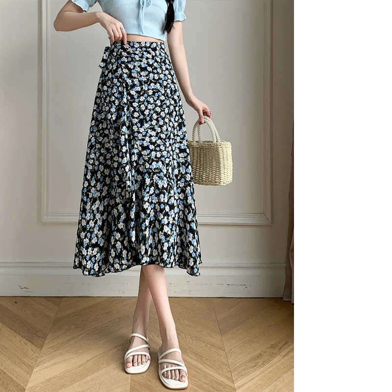 REALEFT nuevas faldas acampanadas con estampado de flores bohemias 2024 verano primavera cintura alta Vintage faldas de una pieza de longitud media para mujer: Verde militar