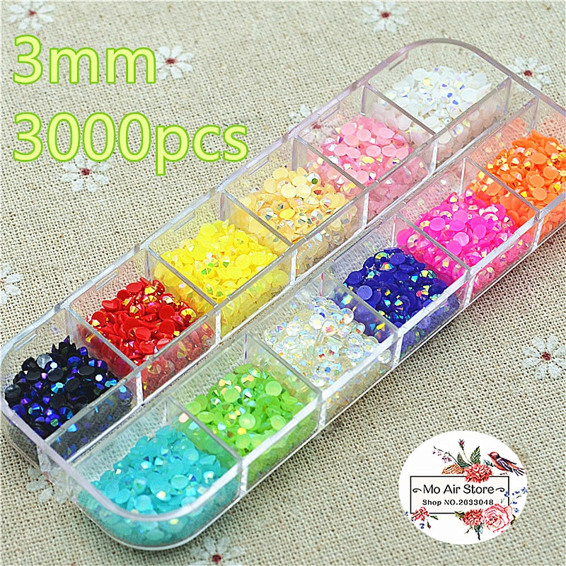 3000 Stks/partij 3Mm 12 Kleur Jelly Rhinestones Plaksteen Half Ronde Kralen Sieraden Ambachten Decoratie Scrapbooking