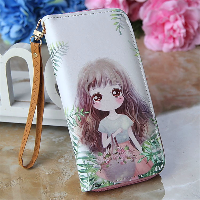 Lovely Women Girl Long Cartoon Raffiti Wallet Bag with Strap Card Holder Coin Purse Change Wallet Zip PU Leather Letter Handbags: 4