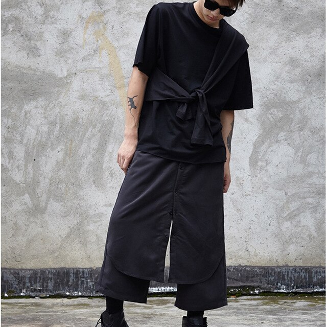 Men's pants summer wide-leg pants slacks men's faux two-piece shorts culottes Black hip-hop Gothic punk Yamamoto style: 4XL