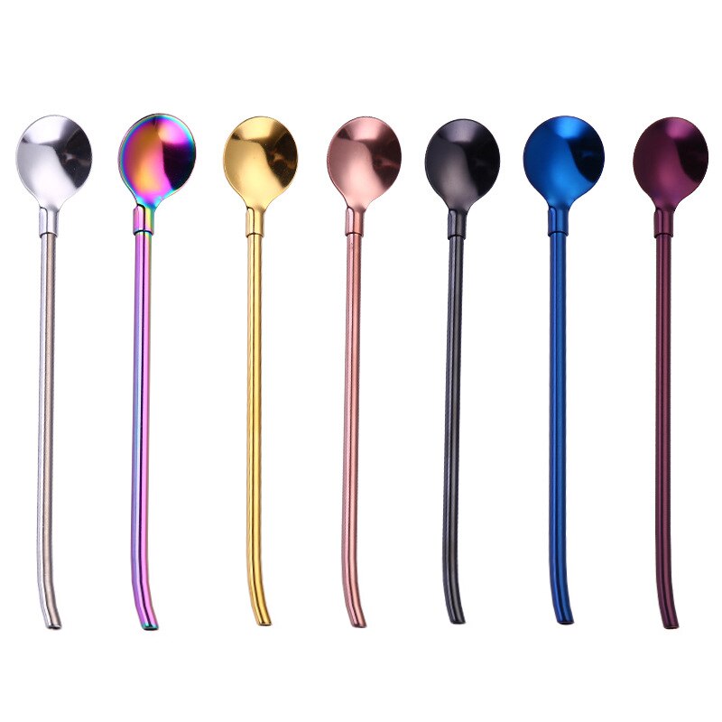 Pajitas reutilizables para beber, cuchara de acero inoxidable, pajilla de bebida larga, portátil, Color arcoíris, cuchara agitadora de cóctel