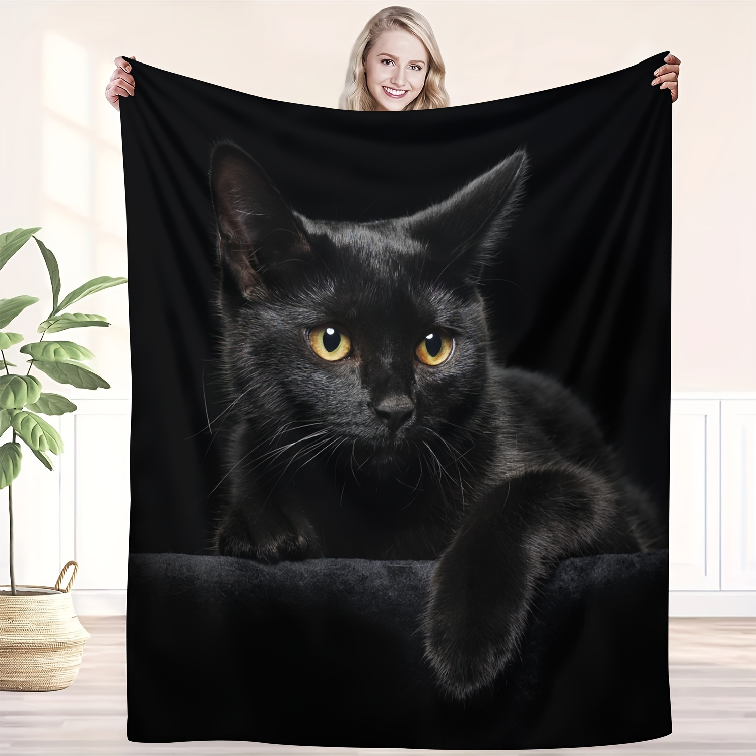 Couverture en flanelle chat noir 1 pièce, douce, respectueuse de la peau, chaude, lavable à la Machine, adaptée au canapé, au lit, au bureau, aux voyages, aux chaises de Camping: 100x150cm