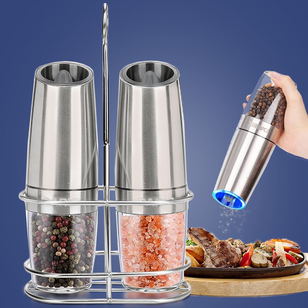 Elektrisk pepparkvarn gravity induktion rostfritt stål salt kryddkvarn led ljus köksredskap