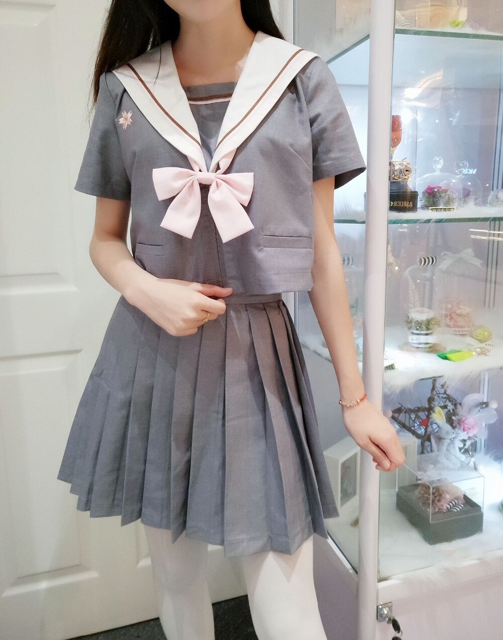 Autumn Summer Japanese School Uniform Harajuku Preppy Style JK School Uniform gray long short sleeves Women Suit