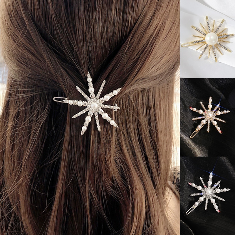 Shining Rhinestones Snowflake Pearl Hairpin For Women Girls Hair Clips Barrettes Hair Jewelry Accessories