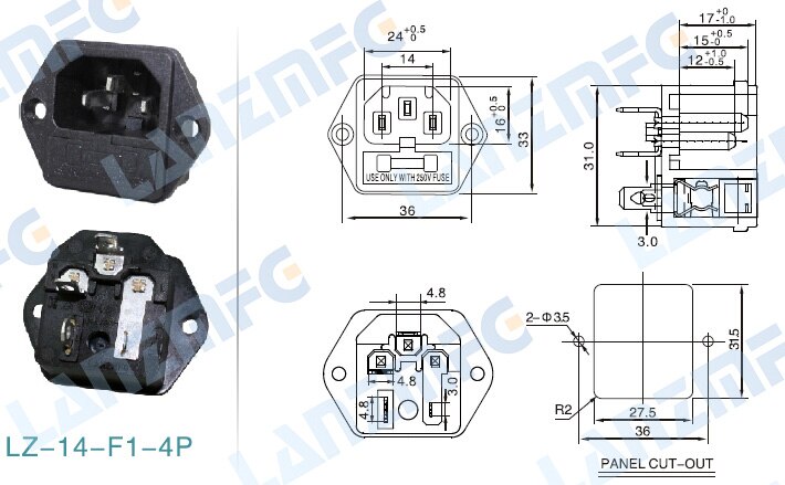 Lz -14-f1-4p iec innløp  c14 med sikringsholder 10a 250v cooper belagt med skrue
