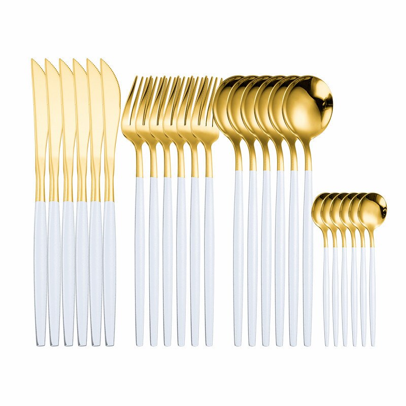 24 pçs conjunto de talheres de ouro 18/10 talheres de aço inoxidável conjunto faca garfo colher conjunto de utensílios de mesa máquina de lavar louça louça segura conjunto caixa de presente: whitegold