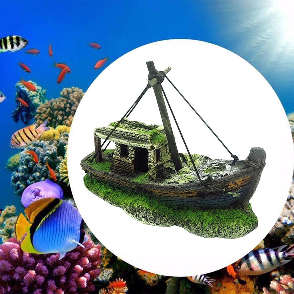 Small Landscaped Aquarium Pirate Fish Tank Boat Artificial Ornaments Viewfinder Glass House Resin Wreck Pirate Ship Decor