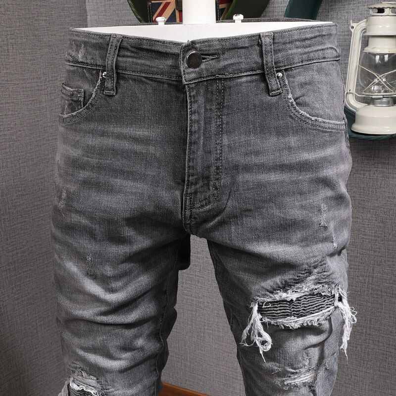 American streetwear mænd jeans retro grå vask slim fit elastisk flået jeans mænd patches hip hop jeans homme
