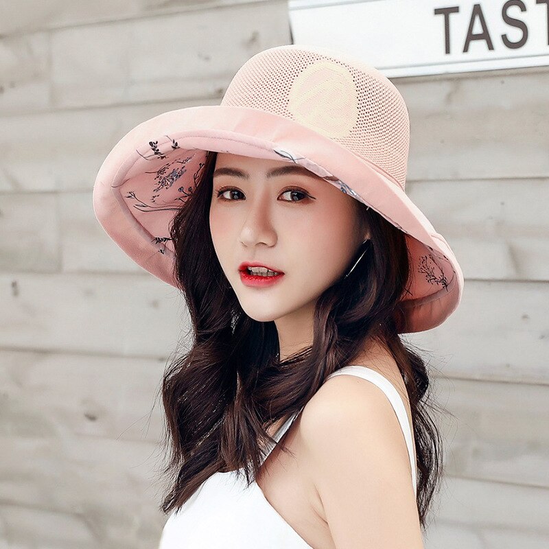 Fiskehatt koreansk tyghatt kvinnlig solkräm solhatt uv-skydd vikbar hatt med stor brätte vilda bokstäver rosa hatt hinkhatt: Rosa