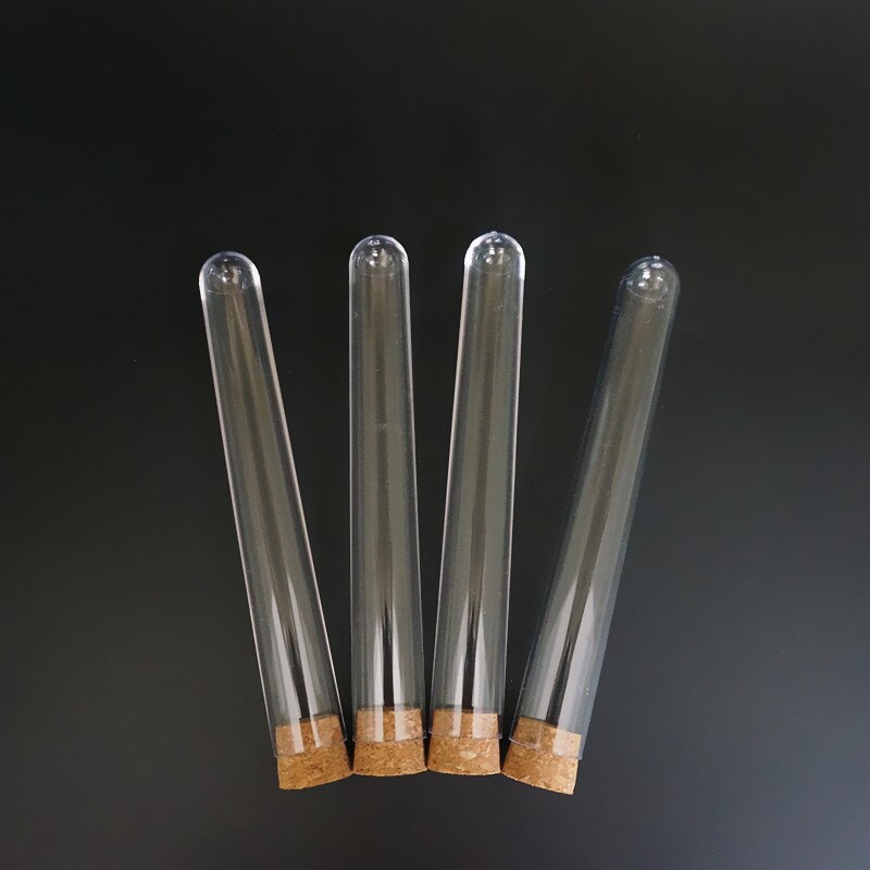100 stk / lot 20 x 150mm reagensglas af plast med korkpropp til venlige laboratorieeksperimenter og test