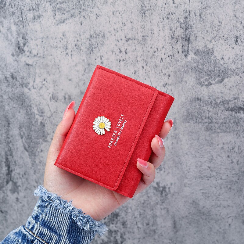 Women's Wallet Chrysanthemum Short Folding Wallet for Girls Ladies Students Multi Card Package Coin Purse Change Bag: Red