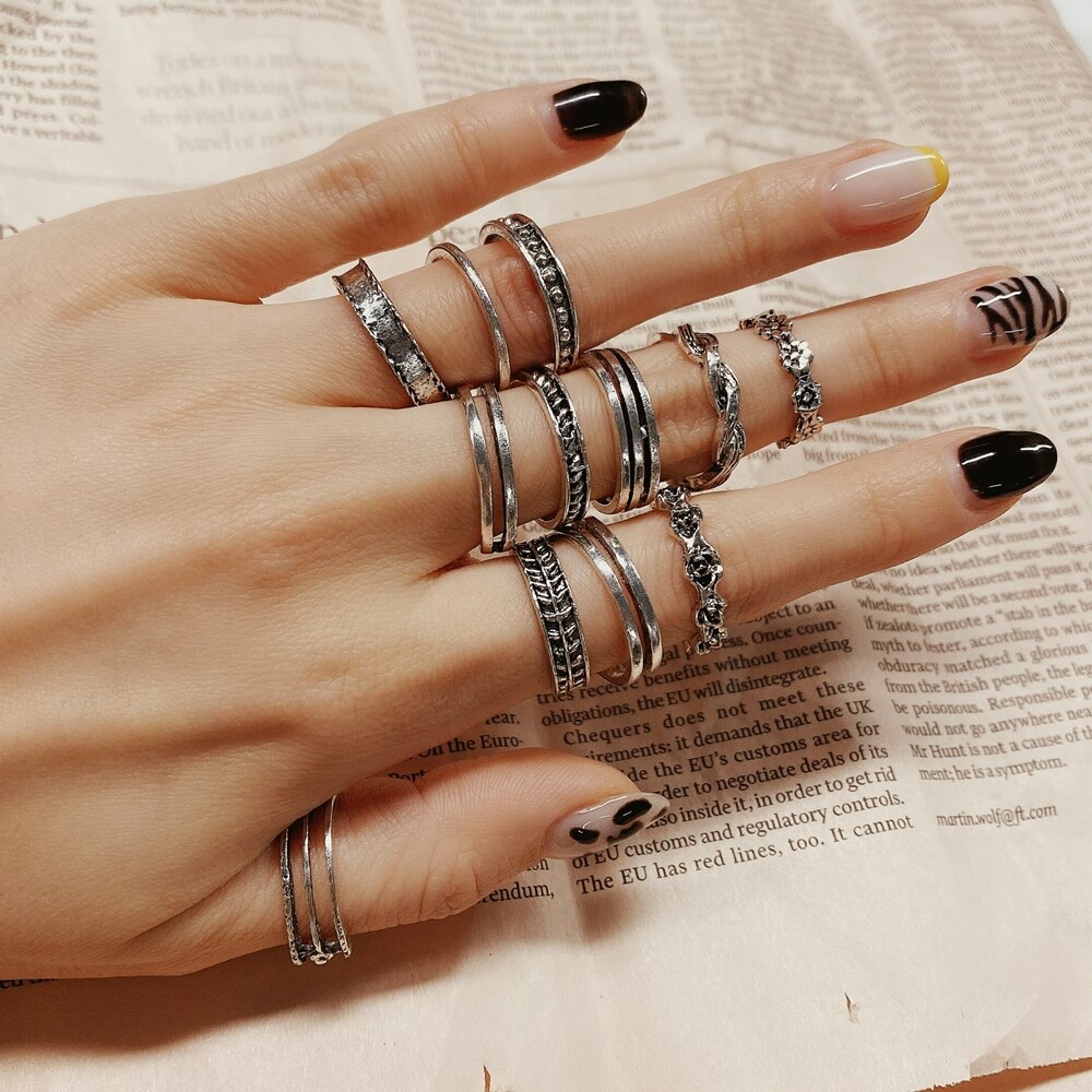 12pcs/set Bohemian Rings Crystal Rhinestone Drops Geometry Middle Ages Ring Set Charm Ring Set Boho Jewelry