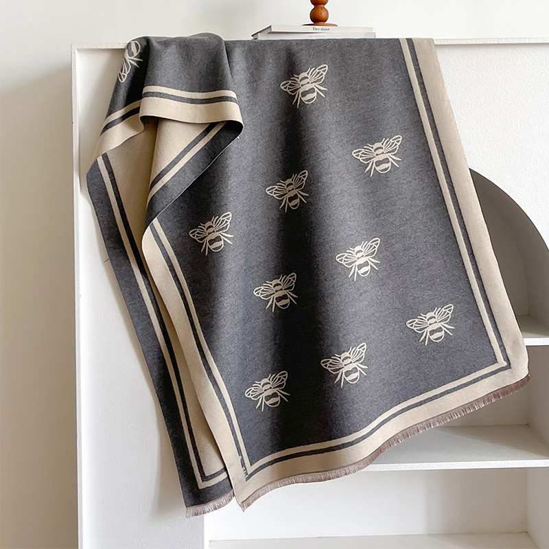 Luxo marca de dois lados abelhas lenço, imitação de caxemira, macio, quente, franja, pashmina, xale, inverno, coldproof, à prova de vento, cobertor: CINZA