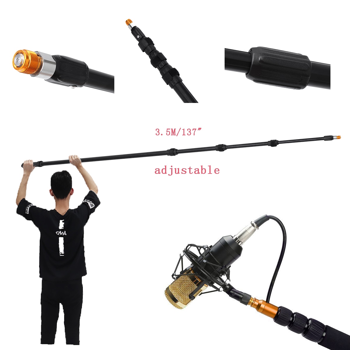 3.5M 137 Inch Aluminum Alloy Boom Microphone Extendable Telescoping Lightweight Mic Boom Pole Pole Arm Extension